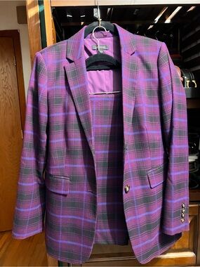 Ann Taylor Purple Plaid Blazer and dress pants with Black Accents